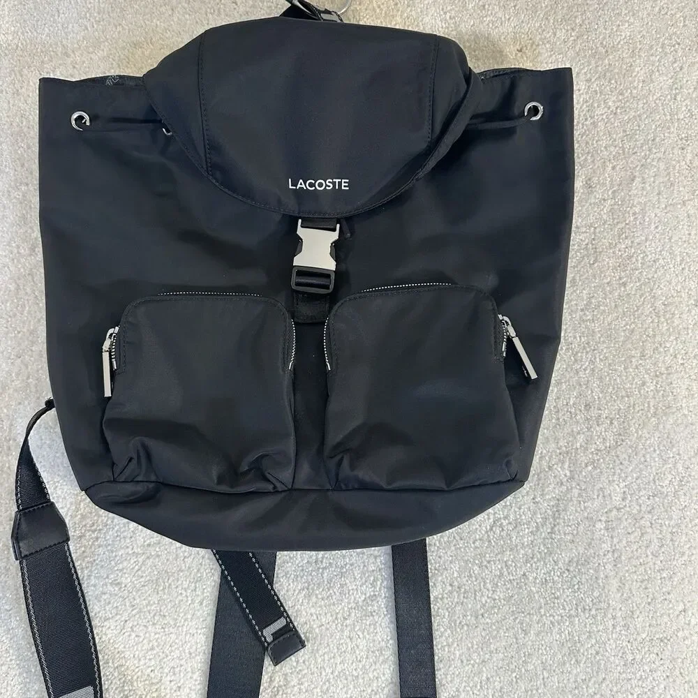 Lacoste Women's Solid Black Cinch Flap Nylon Bag Backpack